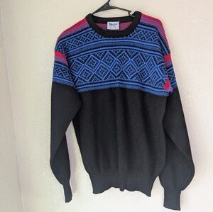 Vintage MEISTER Men's Ski Sweater  Large 80s 90s Geo Print Black Red Blue Wool